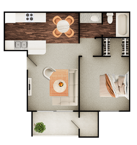 Floor plan for 1 bed, 1 bath, 568 sqft
